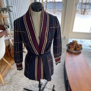 Vintage Varsity Stripe Navy, Tan, and Red Cardigan -